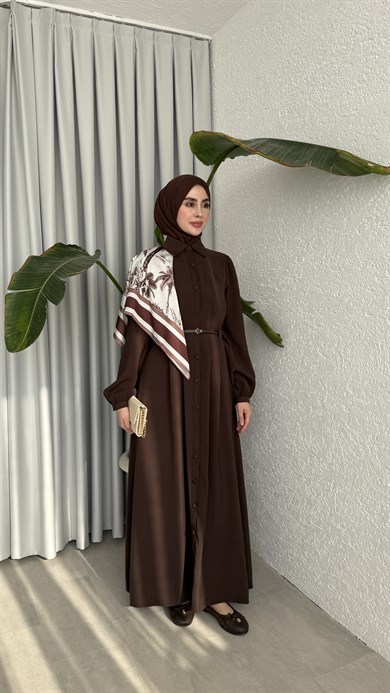 MOLLEN OMUZ ŞALLI ELBİSE - KAHVE 
