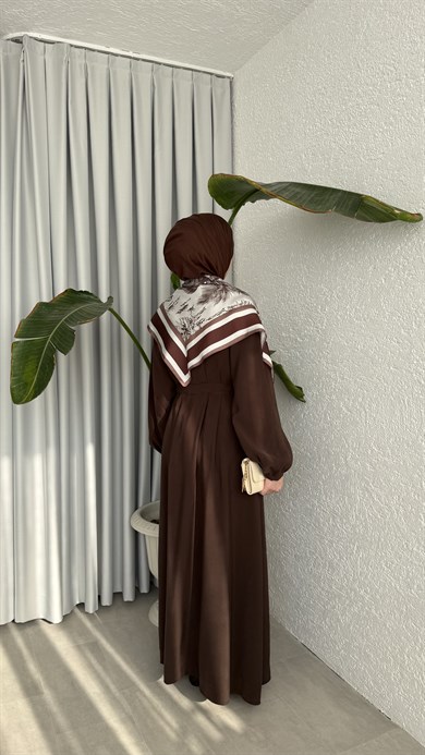 MOLLEN OMUZ ŞALLI ELBİSE - KAHVE 