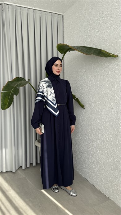 MOLLEN OMUZ ŞALLI ELBİSE -LACİVERT