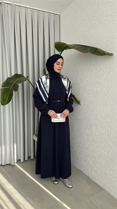 MOLLEN OMUZ ŞALLI ELBİSE -LACİVERT