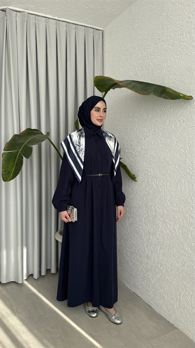 MOLLEN OMUZ ŞALLI ELBİSE -LACİVERT