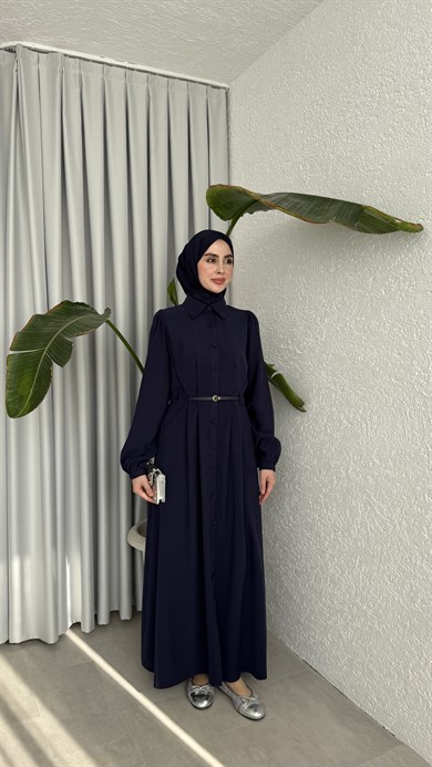 MOLLEN OMUZ ŞALLI ELBİSE -LACİVERT