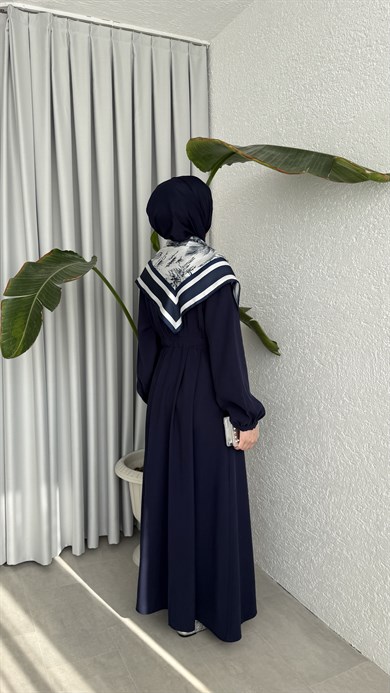 MOLLEN OMUZ ŞALLI ELBİSE -LACİVERT