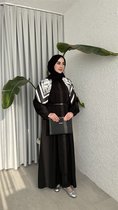 MOLLEN OMUZ ŞALLI ELBİSE -SİYAH