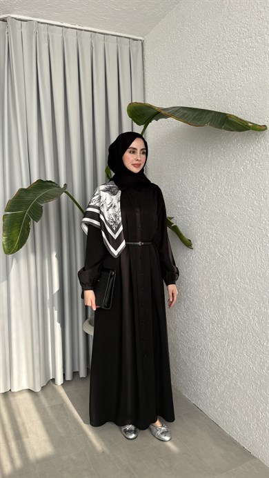 MOLLEN OMUZ ŞALLI ELBİSE -SİYAH