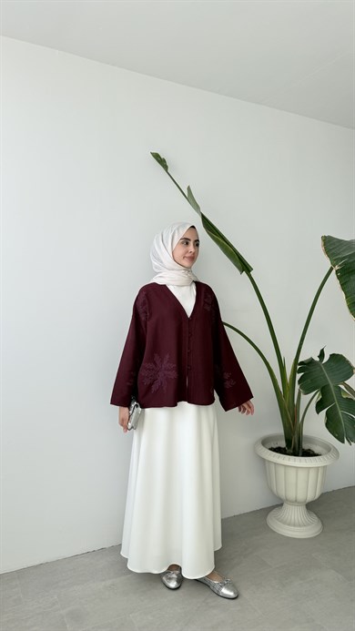 NAKIŞ DETAYLI V YAKA KİMONO - BORDO