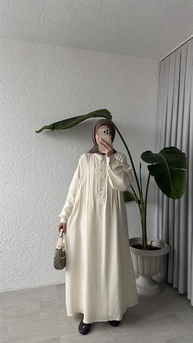 NERVÜRLÜ MÜSLİN ELBİSE - EKRU