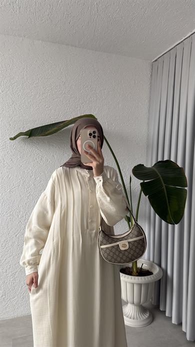 NERVÜRLÜ MÜSLİN ELBİSE - EKRU