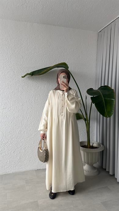 NERVÜRLÜ MÜSLİN ELBİSE - EKRU