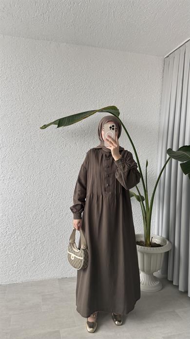 NERVÜRLÜ MÜSLİN ELBİSE - KAHVE