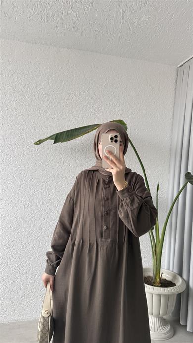 NERVÜRLÜ MÜSLİN ELBİSE - KAHVE