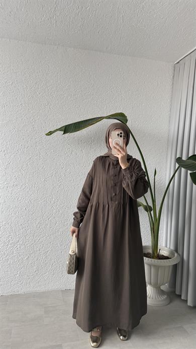 NERVÜRLÜ MÜSLİN ELBİSE - KAHVE