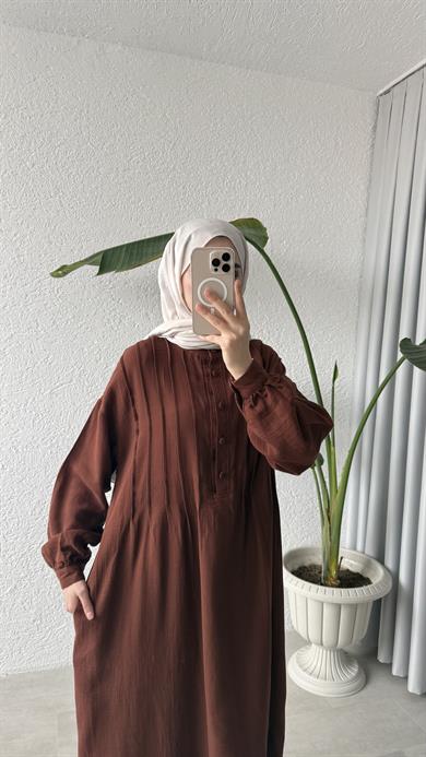 NERVÜRLÜ MÜSLİN ELBİSE - KİREMİT