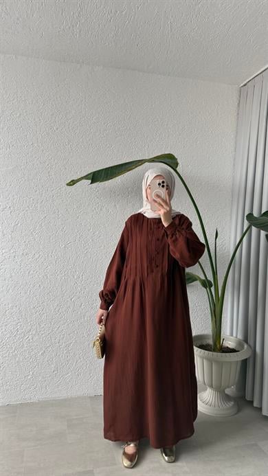NERVÜRLÜ MÜSLİN ELBİSE - KİREMİT