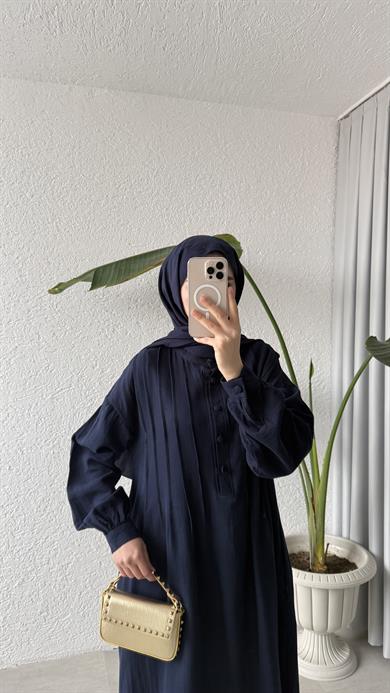 NERVÜRLÜ MÜSLİN ELBİSE - LACİVERT