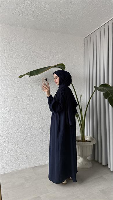 NERVÜRLÜ MÜSLİN ELBİSE - LACİVERT