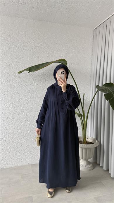 NERVÜRLÜ MÜSLİN ELBİSE - LACİVERT