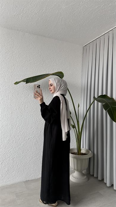 NERVÜRLÜ MÜSLİN ELBİSE - SİYAH