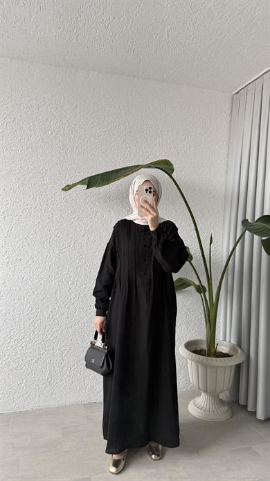 NERVÜRLÜ MÜSLİN ELBİSE - SİYAH