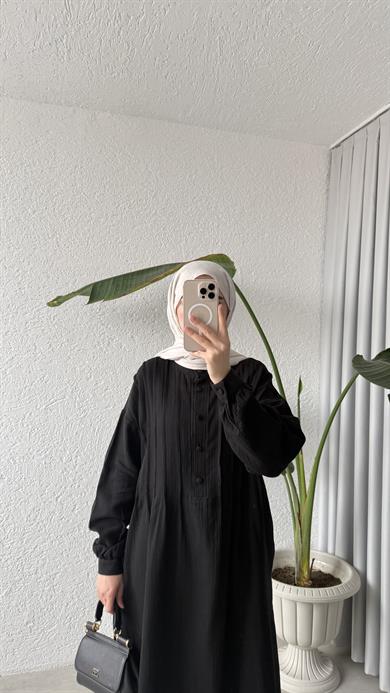 NERVÜRLÜ MÜSLİN ELBİSE - SİYAH