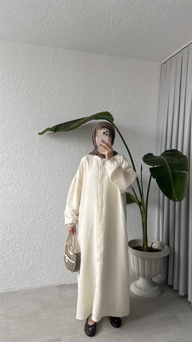 ÖNÜ DÜĞMELİ MÜSLİN ELBİSE - EKRU