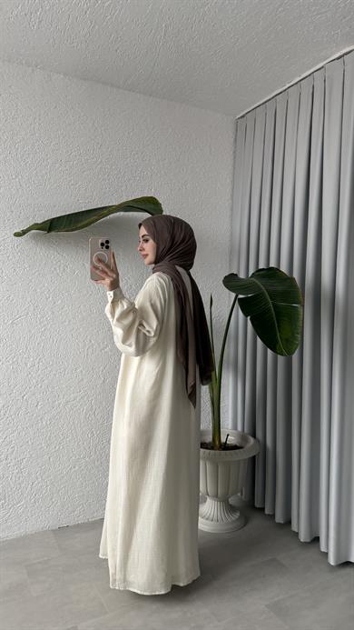 ÖNÜ DÜĞMELİ MÜSLİN ELBİSE - EKRU