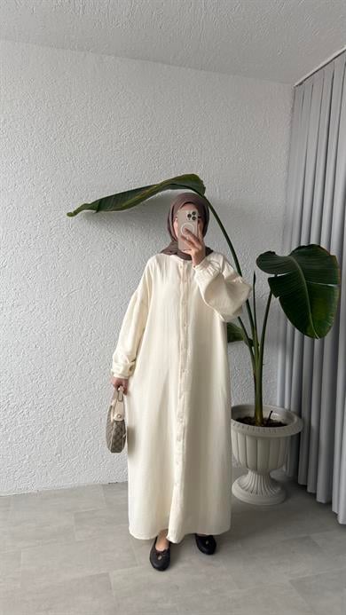 ÖNÜ DÜĞMELİ MÜSLİN ELBİSE - EKRU