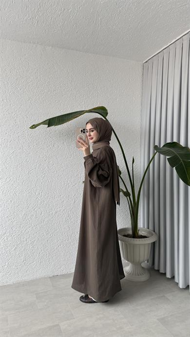 ÖNÜ DÜĞMELİ MÜSLİN ELBİSE - KAHVE