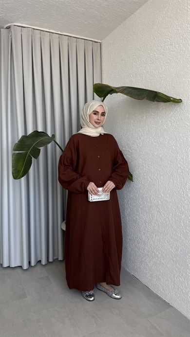 ÖNÜ DÜĞMELİ MÜSLİN ELBİSE - KİREMİT