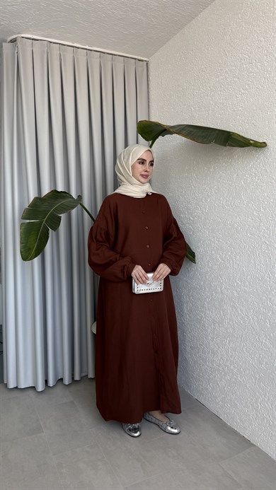 ÖNÜ DÜĞMELİ MÜSLİN ELBİSE - KİREMİT