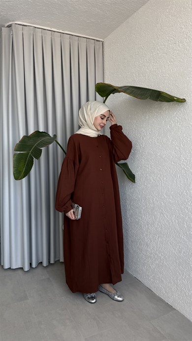 ÖNÜ DÜĞMELİ MÜSLİN ELBİSE - KİREMİT