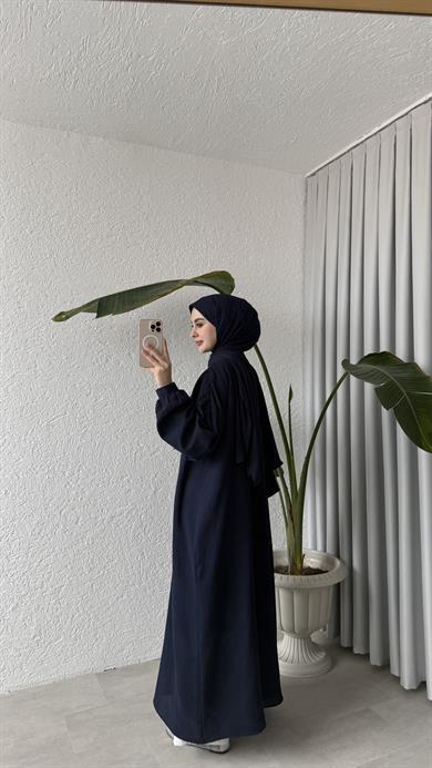 ÖNÜ DÜĞMELİ MÜSLİN ELBİSE - LACİVERT