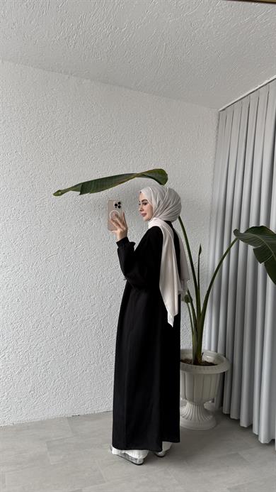 ÖNÜ DÜĞMELİ MÜSLİN ELBİSE - SİYAH