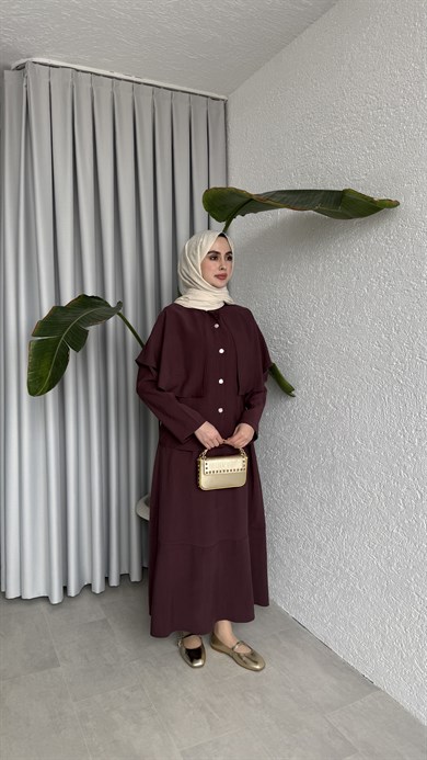 PELERİN DETAYLI ETEK TAKIM - MÜRDÜM