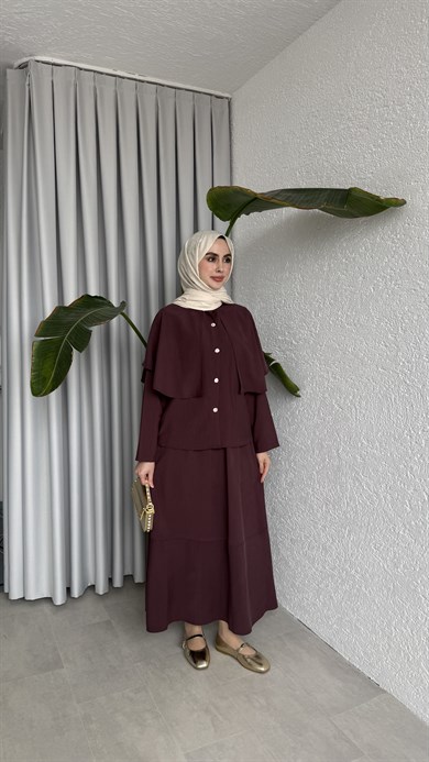 PELERİN DETAYLI ETEK TAKIM - MÜRDÜM