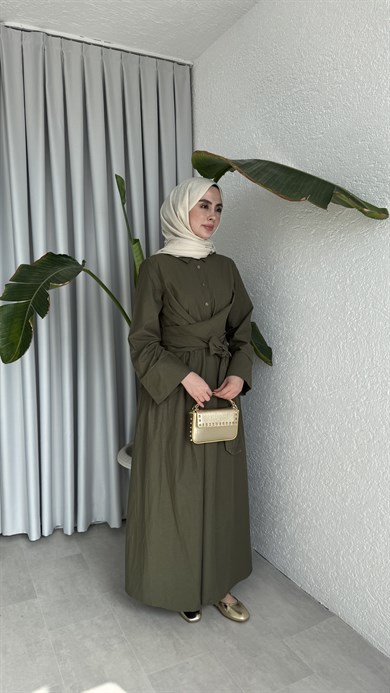 PAMUKLU BAĞLAMA DETAYLI ELBİSE - HAKİ