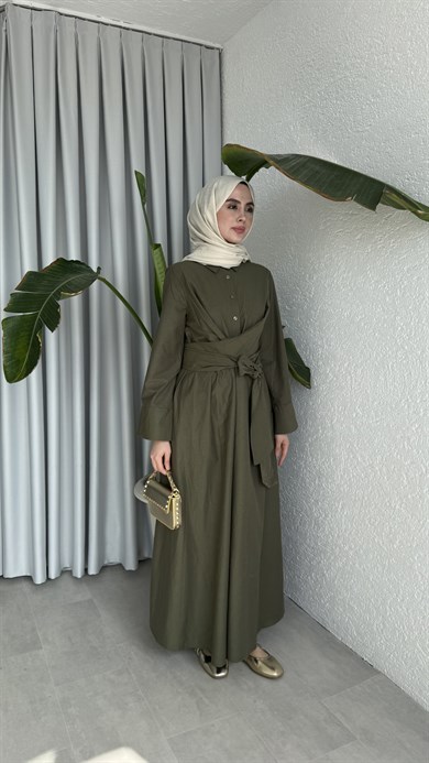 PAMUKLU BAĞLAMA DETAYLI ELBİSE - HAKİ