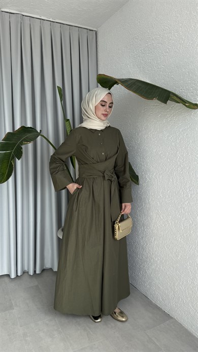 PAMUKLU BAĞLAMA DETAYLI ELBİSE - HAKİ