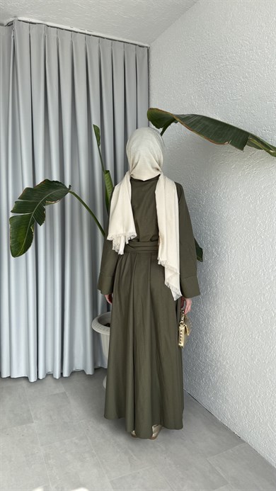 PAMUKLU BAĞLAMA DETAYLI ELBİSE - HAKİ