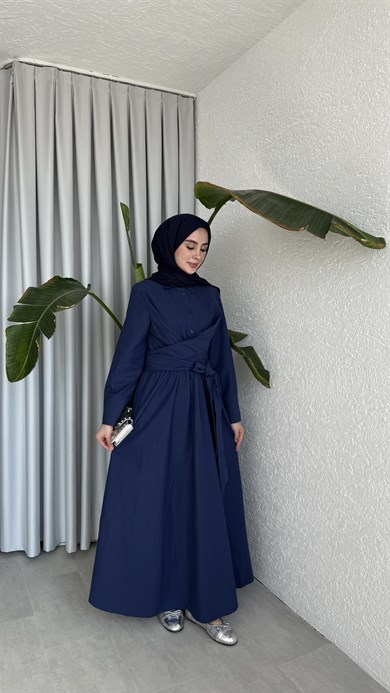 PAMUKLU BAĞLAMA DETAYLI ELBİSE - LACİVERT