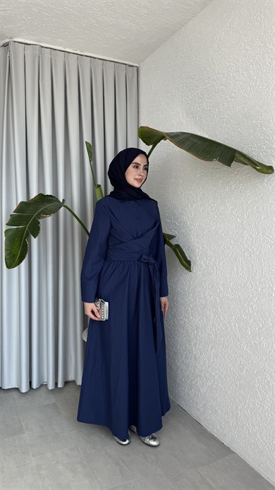PAMUKLU BAĞLAMA DETAYLI ELBİSE - LACİVERT