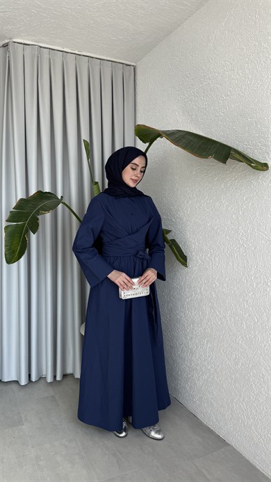 PAMUKLU BAĞLAMA DETAYLI ELBİSE - LACİVERT