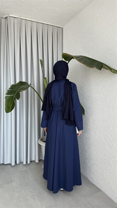 PAMUKLU BAĞLAMA DETAYLI ELBİSE - LACİVERT