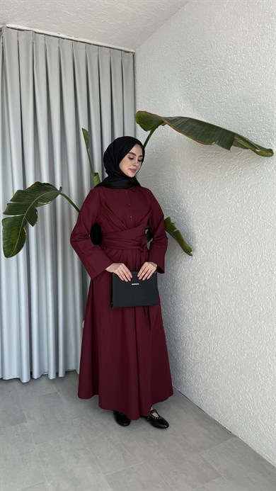 PAMUKLU BAĞLAMA DETAYLI ELBİSE - BORDO