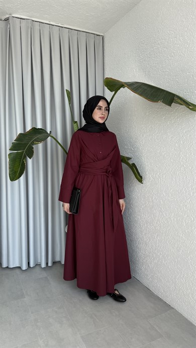 PAMUKLU BAĞLAMA DETAYLI ELBİSE - BORDO