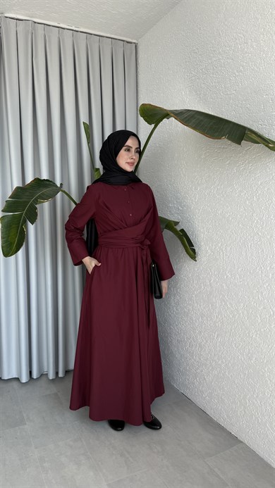 PAMUKLU BAĞLAMA DETAYLI ELBİSE - BORDO