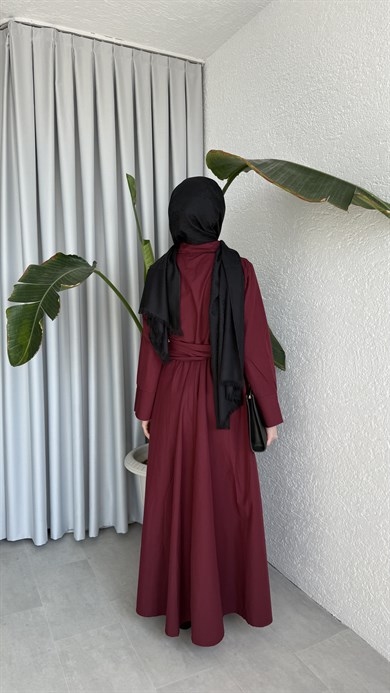 PAMUKLU BAĞLAMA DETAYLI ELBİSE - BORDO