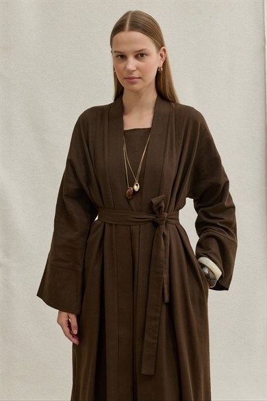 SAFA %100 KETEN ABAYA TAKIM -  KAHVE