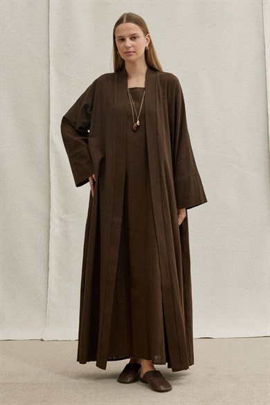 SAFA %100 KETEN ABAYA TAKIM -  KAHVE