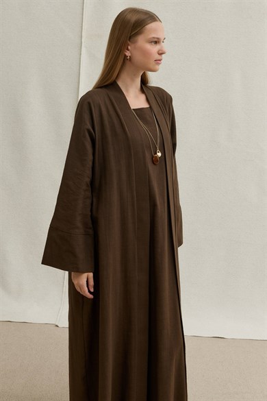 SAFA %100 KETEN ABAYA TAKIM -  KAHVE